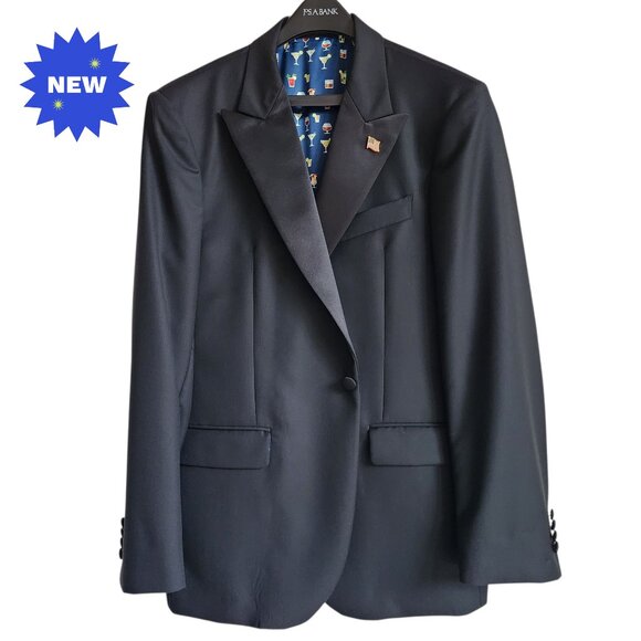 42R Tuxedo Jacket Black Jos A Bank Peak Lapel Reserve Italian Wool New 1 Button - Picture 1 of 17